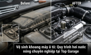 Vệ sinh khoang máy ô tô tại Top Garage với quy trình hơi nước nóng chuyên nghiệp mang lại hiệu quả rõ rệt. Hình ảnh so sánh trước và sau khi vệ sinh cho thấy sự khác biệt lớn: từ khoang máy bụi bẩn sang sạch bóng, đảm bảo an toàn và thẩm mỹ cho xe.