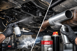 Bảo vệ gầm xe ô tô tại Top Garage với quy trình phun phủ kẽm và dung dịch chống ăn mòn. Hình ảnh minh họa công nghệ hiện đại giúp bảo vệ kim loại khỏi tác động của môi trường, giữ cho xe luôn bền đẹp và an toàn.