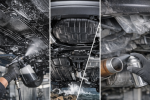 Bảo vệ gầm xe ô tô bằng lớp phủ chống rỉ tại Top Garage. Hình ảnh minh họa quy trình phun sơn bảo vệ, chống nước và chống ăn mòn, giúp kéo dài tuổi thọ cho khung gầm xe. Đây là dịch vụ cần thiết cho mọi dòng xe.