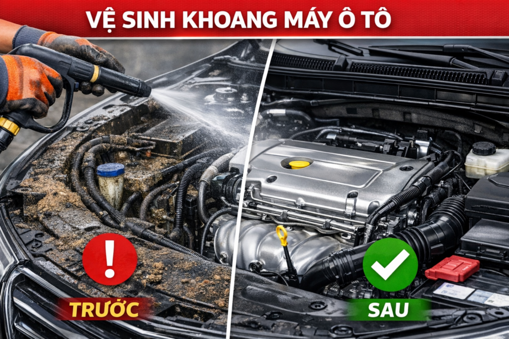 Vệ sinh khoang máy ô tô giúp loại bỏ bụi bẩn, bùn đất và dầu mỡ bám lâu ngày. Hình ảnh minh họa trước và sau khi vệ sinh cho thấy hiệu quả vượt trội. Top Garage sử dụng công nghệ hiện đại để mang lại khoang máy sáng bóng, bảo vệ động cơ và tăng giá trị xe.